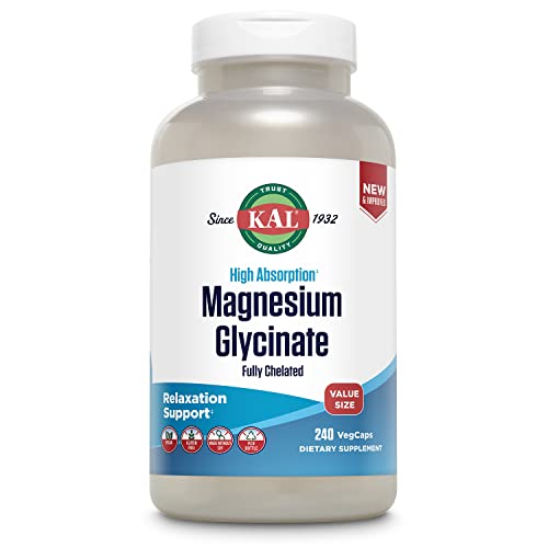 KAL Magnesium Glycinate VegCaps, Fórmula de alta absorción totalmente quelada con bioperina, quelato de bisglicinato para el estrés, la relajación, el apoyo a la salud muscular y ósea, 60 porciones, 240 VegCaps