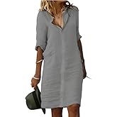 Fronage Women's Summer Midi Shirt Dresses Button Down 1/2 Sleeve Lapel Casual Cotton Linen Dress