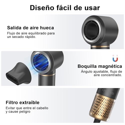 Secador de Pelo Profesional 5 en 1 - Boquillas + Cepillo + Rizador de Pelo, iónico Negativos Secador Kit 1600W Poco Ruido, Temperatura Ajustable y Velocidades para Rizar, Voluminizar y Alisar, Gris