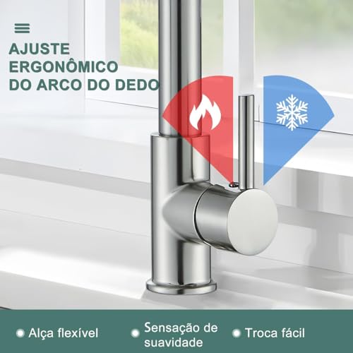 Torneira Monocomando Cozinha, Gourmet Para Bancada, Aço Inox Brilhante, Bico Giratório 360°, Spray Extensor