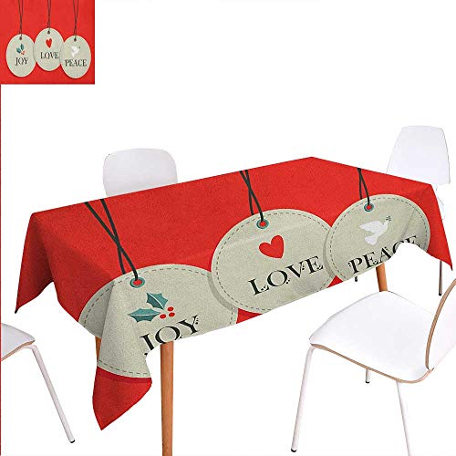 Warm Family Christmas Dinner Picnic Table ClothJoy Love and Peace Words Pendants Merry Christmas Holiday Celebration Theme Waterproof Table Cover for Kitchen 54"x72" Vermilion Cream