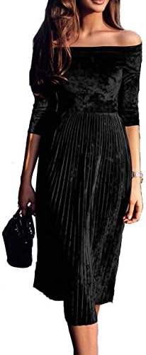 Leezeshaw Womens Off Shoulder Boat Neck 3/4 Sleeve Empire Pleated Velvet A-Line  Midi Dress Black XX-Large price in UAE | Amazon UAE | kanbkam
