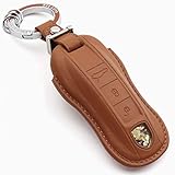 Rockxia Leather Key Fob Cover Holder for Porsche 2017 Panamera 4 4S 2018 2019 Cayenne Key Holder Protective Shell Accessories (A, Brown)