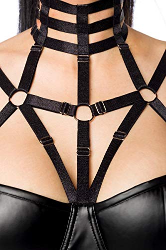 Frauen Erotisches Damen Bänderoutfit aus Mini-Kleid und Ösen in Wetlook schwarz Harness Set elastisch – Bild 3