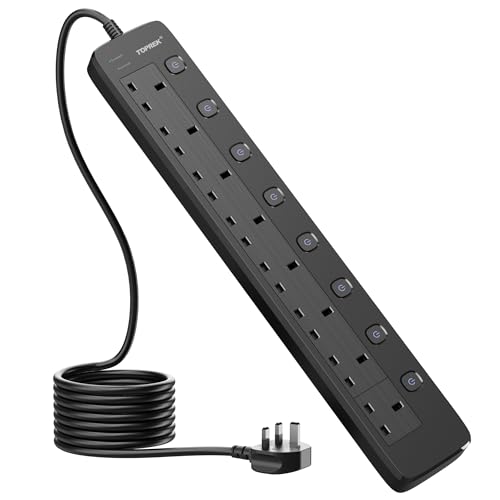 TOPREK 8 Way Extension Lead with Individual Switches, 2100 Surge Protected Extension Lead with Indicator Lights, Desk/Wall Mounted Power Strip for Office/Home/Computer Room/Garage(2M)