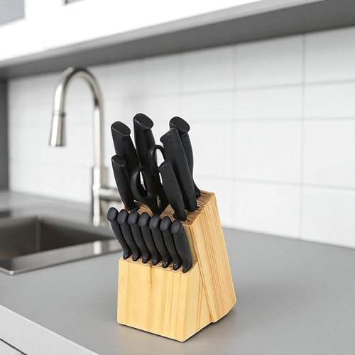 .- Juego de cuchillos de cocina de 14 piezas con bloque de madera - hojas de acero inoxidable revestido de negro, cuchillo de chef, pan, bistec + tijeras