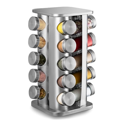 Porta Temperos Giratório 360°, com 20 Potes de Vidro e Aço Inox, Suporte Organizador de Condimentos, Prata