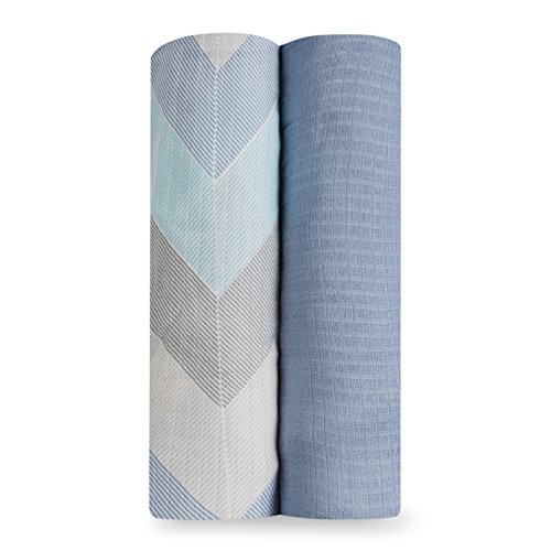 aden by aden + anais Silky Soft Swaddle Baby Blanket, 100% Cotton Bamboo Muslin, Large 47 X 47 inch, 2 Pack, Ziggy Blue