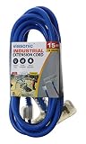 Viasonic 3 Outlet Premium Outdoor Extension Cord ETL listed - Super Heavy Duty & Durable - 12 Gauge - .15AMP-125V-1875W - Industrial Blue Cord, Premium Lighted Plug, by Unity (15 Ft)