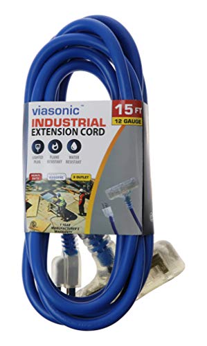 Viasonic 3 Outlet Premium Outdoor Extension Cord ETL listed - Super Heavy Duty & Durable - 12 Gauge - .15AMP-125V-1875W - Industrial Blue Cord, Premium Lighted Plug, by Unity (15 Ft)