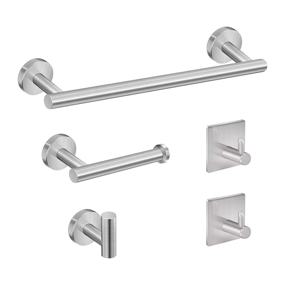 Brushed Nickel 5 Pieces Wall Mounted Stainless Steel Bathroom Towel Bar Towel Holder Toilet Paper Holder Hooks Bathroom Accessories Set (Silver)