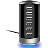 USB Charger 6-Port Desktop Tower USB Hub Charging Station with Smart Identification Technology for Galaxy S7/S6/Edge, Note 5,iPhone X, iPhone 8, iPhone 8 Plus,iPhone 7/6s/Plus, iPad, LG,HTC (T-Black)