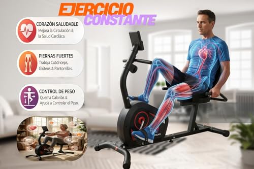 RESTSUKO Bicicleta Estática Reclinada Mayores, Bici Fija Magnética Silenciosa con 8 Niveles, Volante 2.6KG, Pantalla Monitor, Asiento Ergonómico, Soporta hasta 150 KG, Ideal para Gimnasio en Casa y Rehabilitación 123x63x100CM
