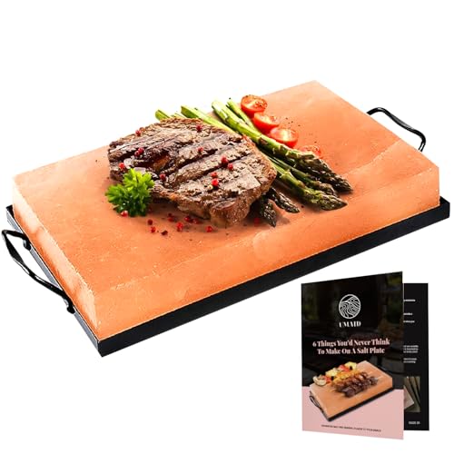 UMAID Himalayan Salt Block Cooking Plate 12x8x1.5 – Food Grade Pink Himalayan Salt Stone for Cooking, Grilling, Serving & Cutting – Includes Steel Tray & Grilling Recipe Booklet – Unique Gifts for Men & Dad Gifts for Fathers Day