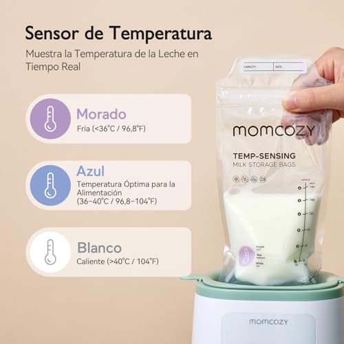 Momcozy Bolsas para Leche Materna, Bolsas con Indicador de Temperatura para Lactancia, Bolsa Desechable Autoportante 6 oz, Bolsas para Congelar con Cierre Seguro, 50 pzas