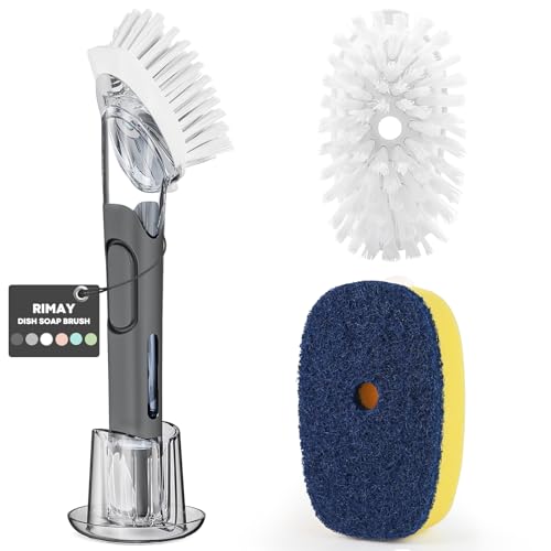 RIMAY Dish Brush with Soap Dispenser Storage Set with 2 PCS Brush Refills & Holder, Dish Scrubber with Soap Dispenser, Dish Soap Brush, Dish Wand with Soap Dispenser for Dishes, Pans, Sink, Pots