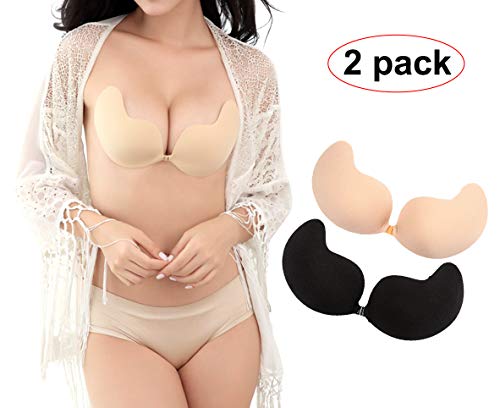 Women Push Up Silicone Bra BH Stick On Invisible strapless Self Adhesive lingerie seamless bra intimates underwear Silicone bra push up sutian Strapless Invisible Adhesive Stick On Gel Cup B, Black/Nude, (2PK)