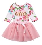 yannzi Baby Girls' 1st Birthday Tutu Dress Sleeveless Floral Romper Top Lace Skirt Clothes Easter Outfit 2Pcs (Long Sleeve, 12-18 Months)