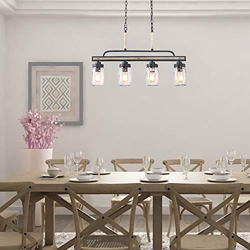 LOG BARN Rustic Mason Jar Pendant Lighting for Kitchen, 4 Lights Farmhouse Chandelier in Distressed Faux Wood and Dark Grey Metal Finish, 30" Large Dining Room Linear Lighting