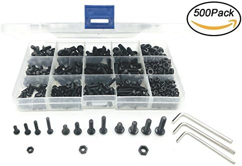 WLine 500pcs M3 M4 M5 Thread Size 10.9 Grade Black Alloy Steel Button Head Socket Cap Screws Hex Head Bolt Nuts Assortment Kit Including 3 Hex Key Wrenches