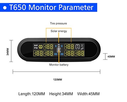 Wireless TPMS Tire Pressure Monitoring System Solar Power with 6 External Sensors Real-time Display Temperature and Pressure LCD Display, Real-time Alarm Function (Black) - Thumbnail 5