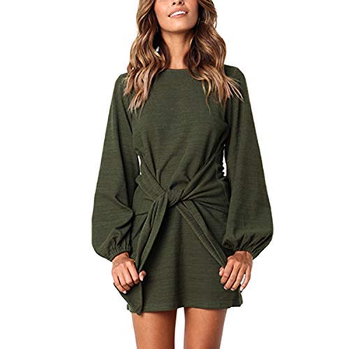 EbuyGo Women\'s Long Sleeve Casual Round Neck Wear to Work Casual Pencil Dress Belt