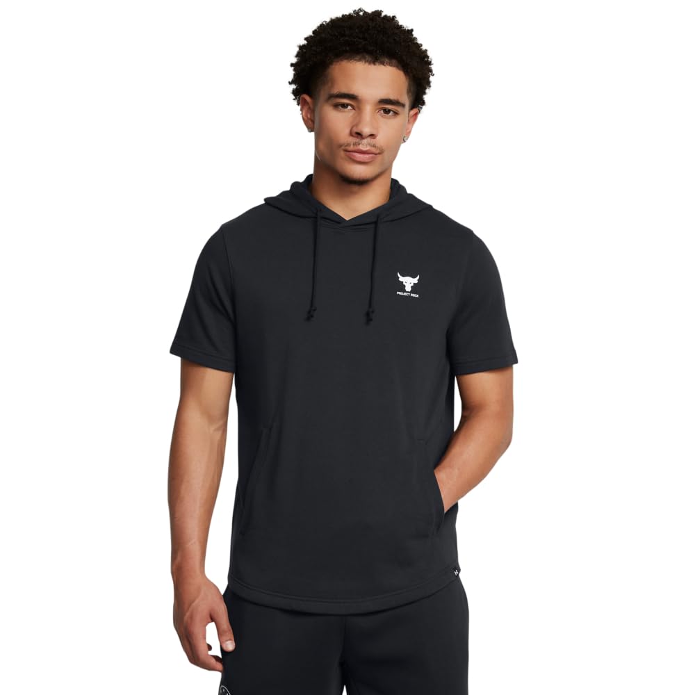 Under Armour Men’s Project Rock Payoff Short Sleeve Terry Hoodie, (001) Black / / White, X-Large