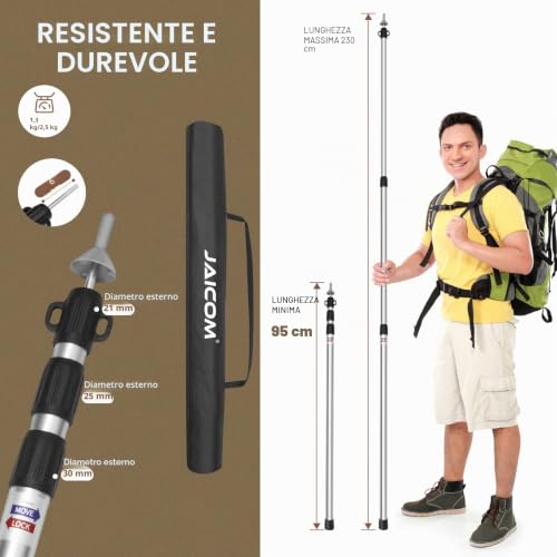 JAICOM Set of 2 – 4 Aluminium Telescopic Awning Rods Extendable Adjustable 95-230cm Suitable for Camping, Tent, Tarpaulin, Canopy, Beach