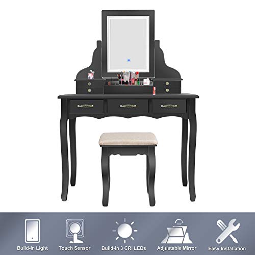 LED Vanity Table,7 Drawers Makeup Dressing Table with Cushioned Stool-Black