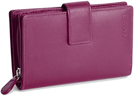 SADDLER Womens Luxurious RFID Protected Real Leather Large Bifold Purse Wallet with Centre Zipper Coin Purse | Designer Ladies Clutch Perfect for ID Coins Notes Debit Cards | Gift Boxed - Magenta