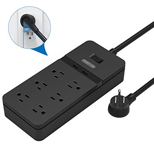 Flat Plug Power Strip with USB NTONPOWER Mountable (6 Outlets 2 USB