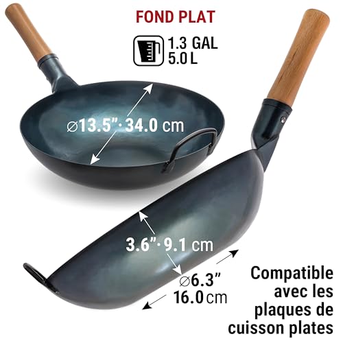 YOSUKATA Woks & Frying Pans 34 cm - Flat Bottom Wok in Blue Carbon Steel, Pre-Seasoned Suitable for Induction, Electric Hobs, Gas and Open Fires - Traditional Chinese Frying Pans