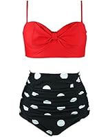 COCOSHIP Red &amp; Black White Polka Dot Vintage Stylish Front Bow High Waist Bikini Set Tiered Swimsuit Swimwear XXL(FBA)