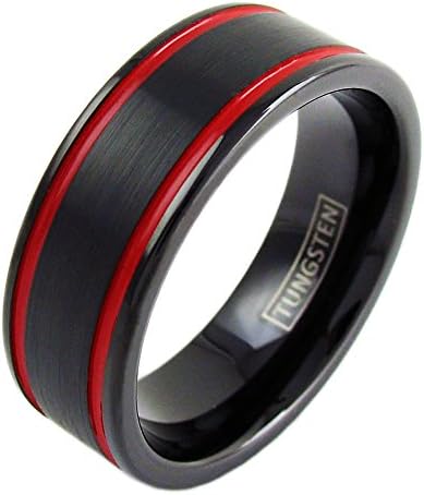 Black Tungsten Ring w/ 2 Red Enamel Racing Stripes. Personalized Laser Engraving Included. (13)