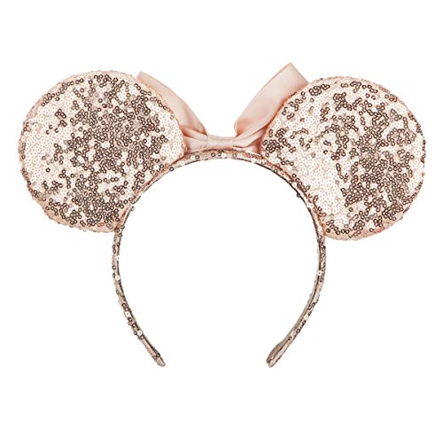 Cosplay Costume Mouse Ears Headband,Calar Sequin Mice Ears Headband Glitter Bow Headband for Boys and Girls Birthday Party Mom Baby Hairs Accessories Girl Headwear (Champagne)
