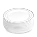 BloominGoods 50 Plastic Disposable Dessert/Appetizer Plates | 7.5 inches White with Silver Rim Real China Look | Ideal for Weddings, Parties, Catering | Heavy Duty & Non Toxic (50-Pack)