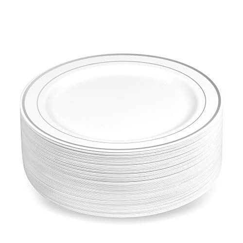 50 Plastic Disposable Dessert/Appetizer Plates | 7.5 inches White with Silver Rim Real China Look | Ideal for Weddings, Parties, Catering | Heavy Duty & Non Toxic (50-Pack) by BloominGoods