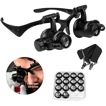 Qooltek Bracket/Headband Magnifying Glass Jewelry Clock Repair Loupe with 2 LED Lights and 8 Interchangeable Lens 2.5X 4X 6X 8X 10X 15X 20X 25X for 0.5-6.2 Inch Focal Length (New Upgraded Version)