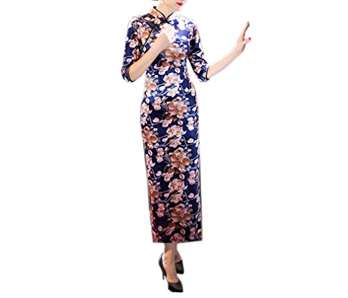XueXian(TM) Women's Velvet Chinese Cheongsam Long Qipao Party Dress with 3/4 Sleeve