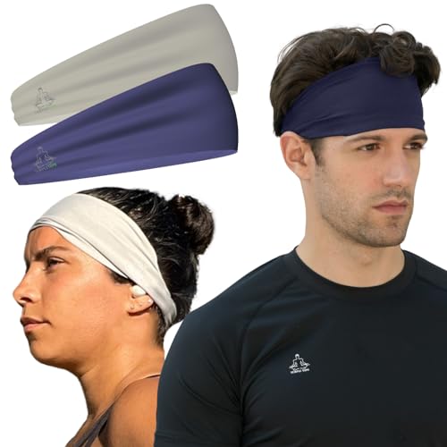 Temple Tape, Value 2-Pack, Mens Headband - Guys Sports Headbands Moisture Wicking Workout Sweatbands for Running, Cross Training, Skiing and Bike Helmet Friendly - 1-Navy & 1-Gray Sweatband