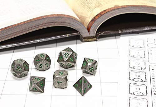 Forged Dice Co. Metal Dice Compatible with RPG games like Dungeons and Dragons, DnD, and Pathfinder (Iron Moss w/ Green Numbers Set of 7 Polyhedral w/ Tin, Set of 7 Polyhedral w/ Tin) - Thumbnail 2