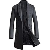 Minibee Men's Woolen Trench Coat Double Breasted Slim Fit Winter Overcoat Long Jacket Business Pea Jacket