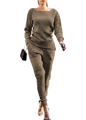 VNVNE Womens Fall Rib-Knit Pullover Sweater Top & Long Pants Set 2 Piece Outfits Tracksuit (Khiki, XL)