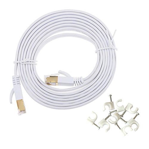 HANYUN CAT7 Double Shielded (SSTP) 10 Gigabit 600MHz Ethernet LAN Network Flat Cable High Speed Patch Cord - Built with Gold Plated & Shielded RJ45 Connectors (6.6ft/2m, White)
