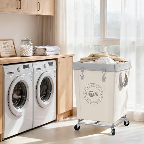 STORAGE MANIAC Commercial Laundry Hamper with Heavy Duty Steel Frame, 160 L Industrial Clothes Basket Cart with Wheels for Hotel, Home, Laundry Room, 18''L x 18''W x 31''H, Medium Beige