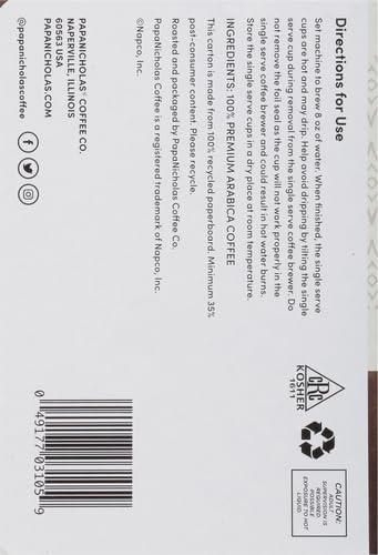 PAPANICHOLAS COFFEE SINGLE SERVE COFFEE CUPS FITS KEURIG K CUP BREWERS, 5-STAR RESTAURANT BLEND, 12 COUNT