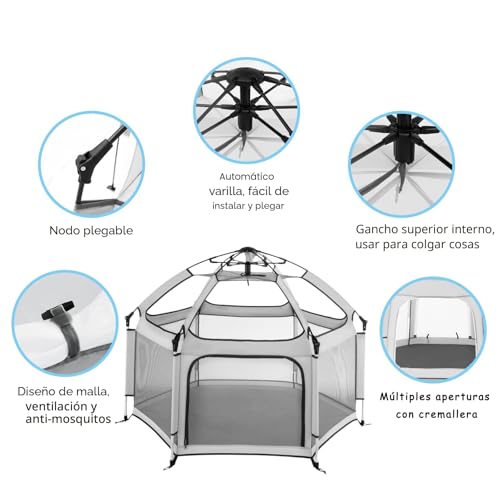 Toketa corral para bebe plegable，Parque Infantil Interior y Exterior con Malla Transpirable，Con estacas de suelo y toldo