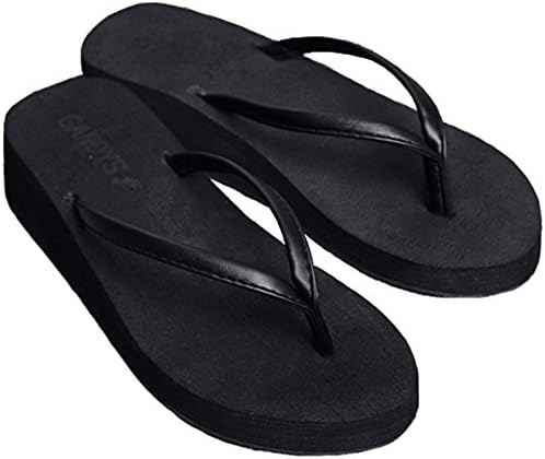 Difyou Women's Wedge Mid Heel Thong Beach Sandals Flip Flops Black 6.5 B(M) US