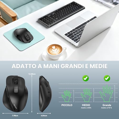 TECKNET Ergonomic Bluetooth Mouse, Rechargeable Wireless Mouse with 3 Devices (2*Bluetooth+USB), Ergonomic Thumb Rest, 4800 DPI, 6 Buttons, Silent USB Mouse for Laptop/PC/Tablet/MacBook