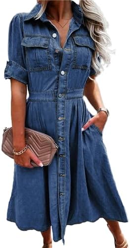 midi denim dresses for older ladies with sleeves Amazon.com: Womens Long Sleeve Midi Demin Dress Casual Loose V Neck Button  Down Blue Jean Shirt Dresses Plus Size Fall Vintage Shift Dress Cotton Midi  Dress with Pockets : Clothing, Shoes &